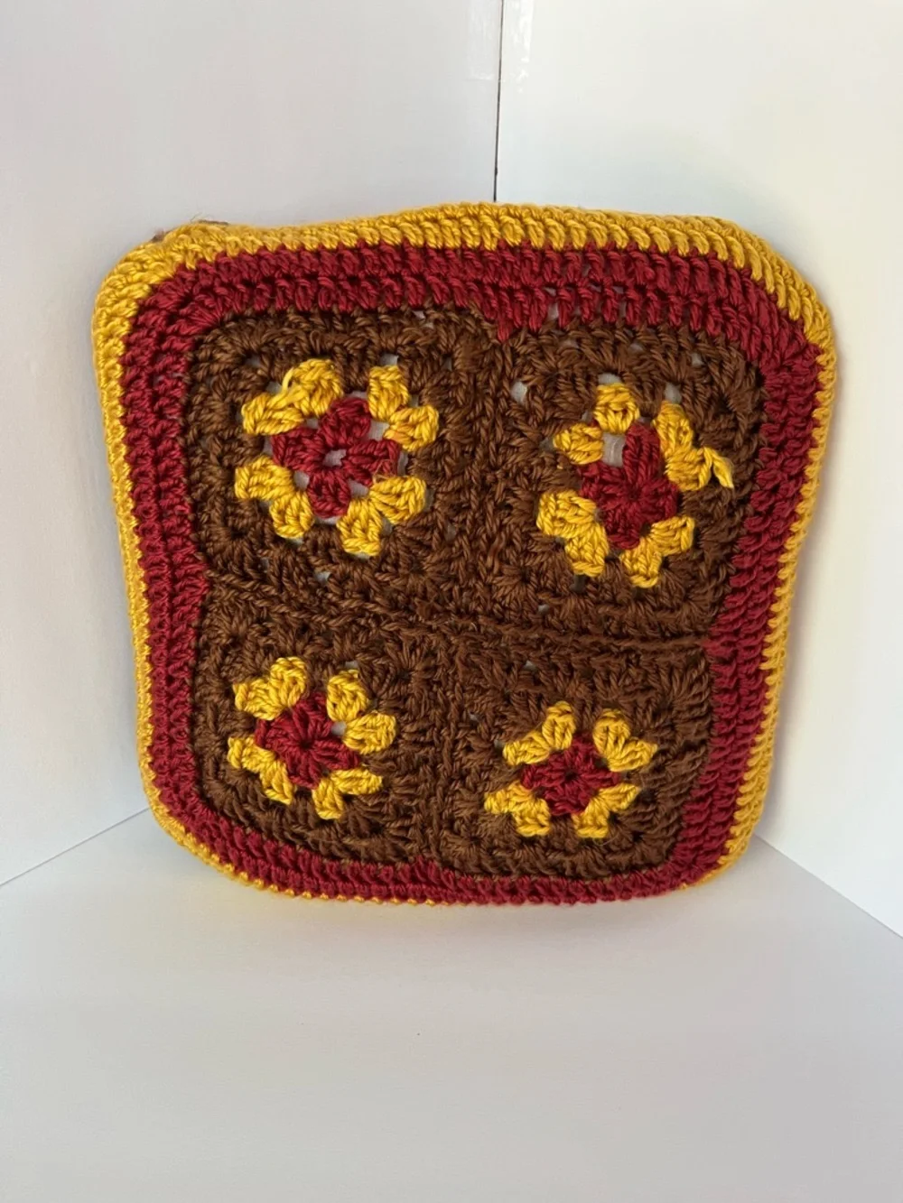 Handmade Crochet Knit Pillow Boho Granny Retro Multicolored 12x12 Reversible